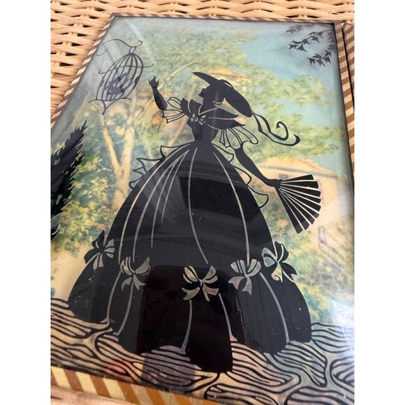 Vintage 40's Pair Reverse Painted Silhouette Pictures Convex Trees Convex Glass - Picture 4 of 11